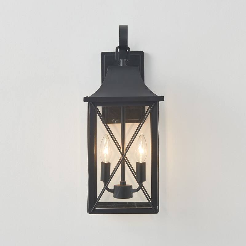KAWOTI 2-Light Black Lantern Outdoor Sconce with Clear Glass Shade - W8.125" * H19.5" * E9"