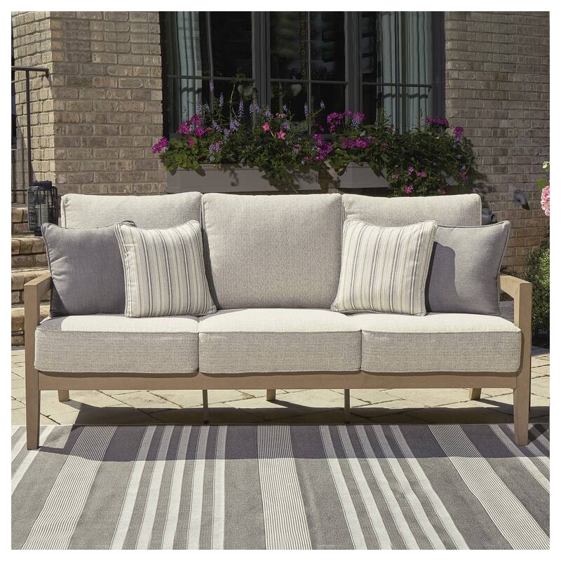 Signature Design by Ashley Hallow Creek Driftwood Outdoor Sofa with Cushion - 75.88" W x 36.5" D x 37" H - Driftwood - 75.88" W x 36.5" D x 37" H