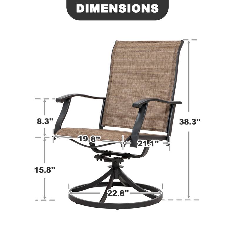 Brown Swivel Textilene and Iron Outdoor Patio Chairs with Powder-coated Finish