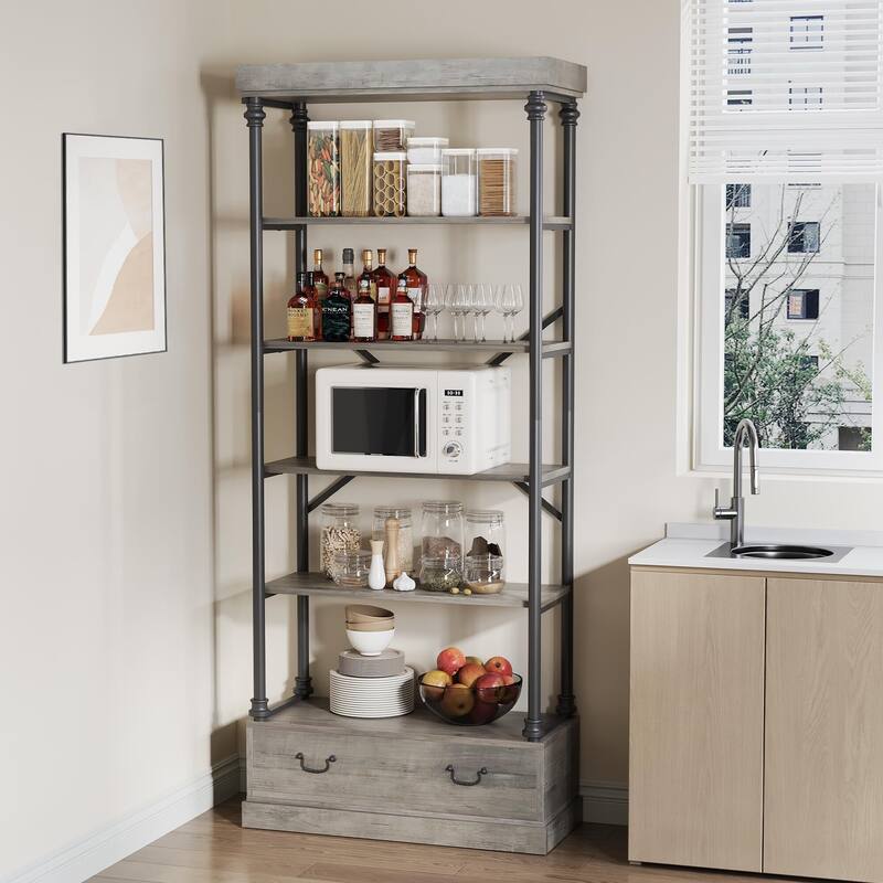 Bookshelf with Drawers,81.29" Tall, 5 - Tier Vintage Bookcase, Metal - Frame Shelf