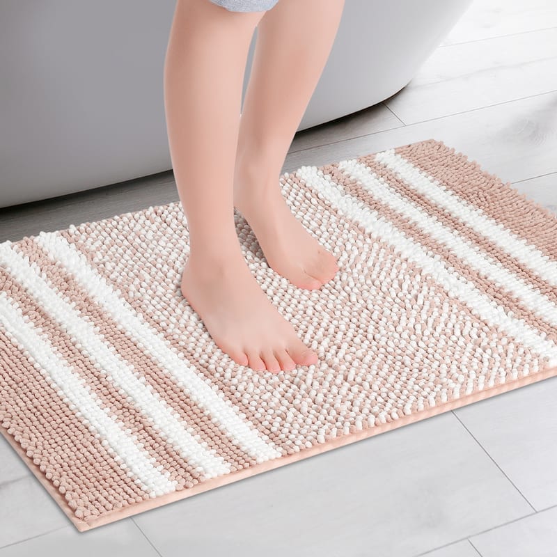 Striped Chenille Bathroom Rug with Edges, Non-Slip Bathroom Floor Mat