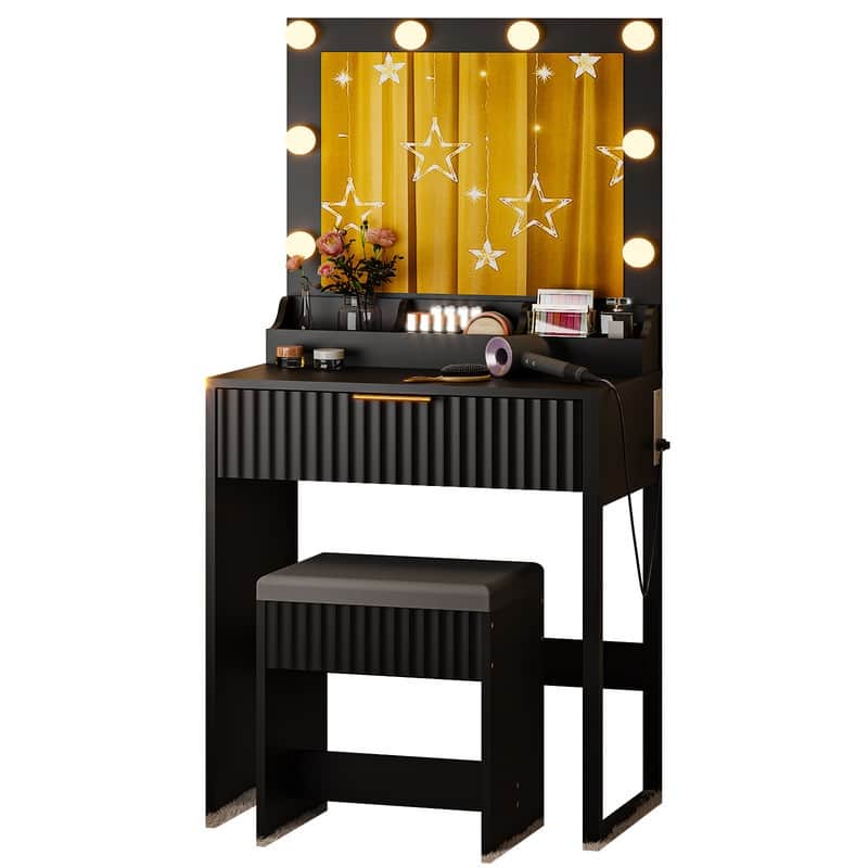 Particle Board Veneered with Textured Melamine, 1-drawer 3-compartment Dressing Table Set with 8 Three-color Dimmable Bulbs