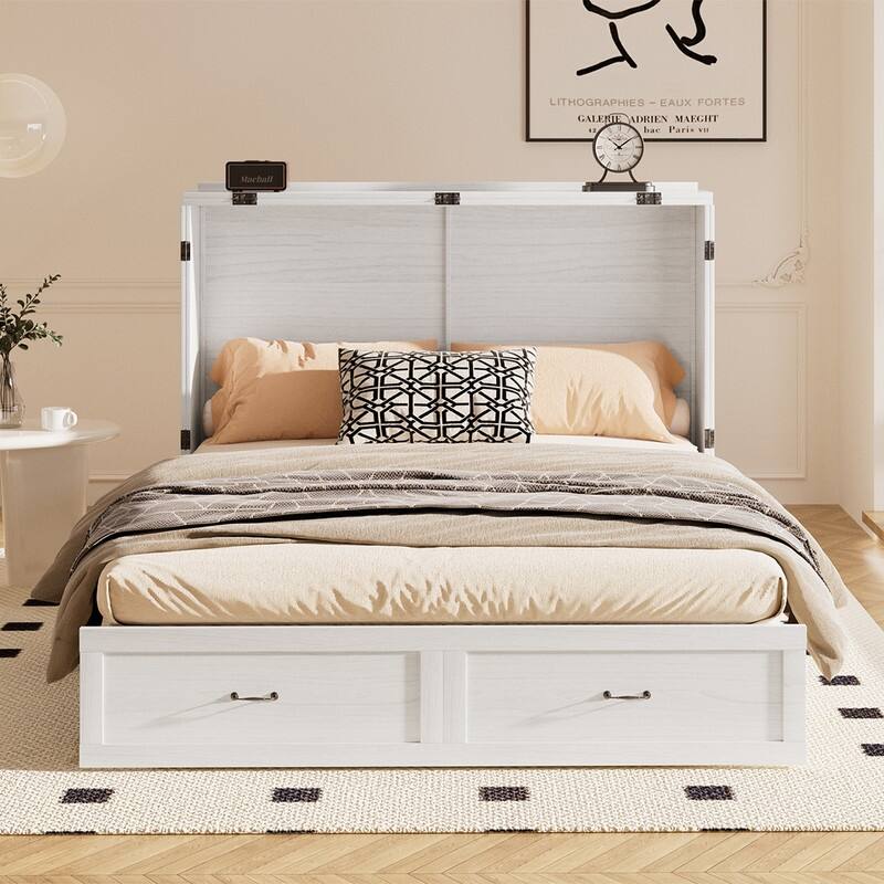 Mixoy Modern Queen Size Murphy Bed Chest with USB ports & Storage Drawers, No Mattress