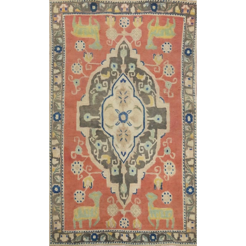 Hand Knotted Oriental 100% Wool Carpet Traditional Medallion Coral Tabriz Area Rug - 4' 9'' X 2' 10''