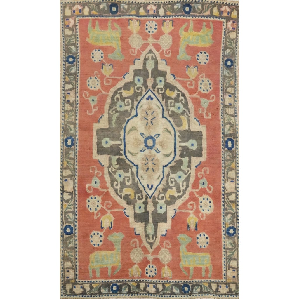 Hand Knotted Oriental 100% Wool Carpet Traditional Medallion Coral Tabriz Area Rug - 4' 9'' X 2' 10''