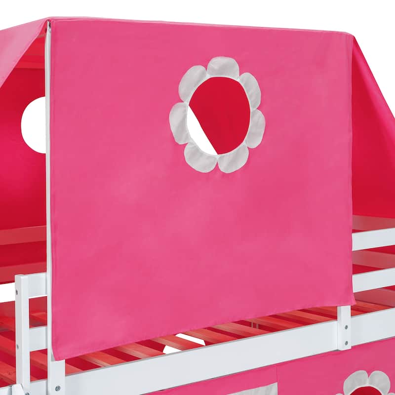 Twin Size Loft Bed with Slide Pink Tent and Tower