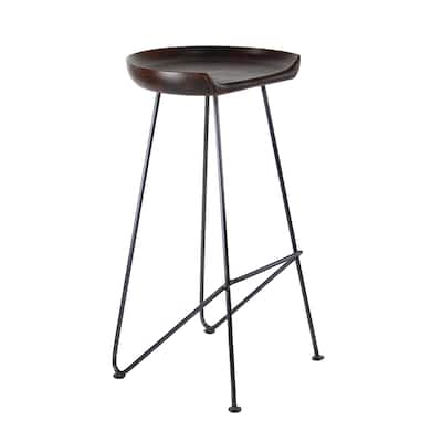 Wood Bar Stool with Wood Seat - Brown - Roche River Decor - 14"W x 17"L x 32"H