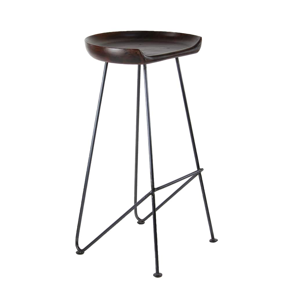 Wood Bar Stool with Wood Seat - Brown - Roche River Decor - 14"W x 17"L x 32"H