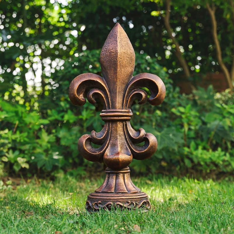 Glitzhome 21.25"H or 27.25"H MGO Bronze Standing Fleur De Lis Statue Outdoor Sculpture