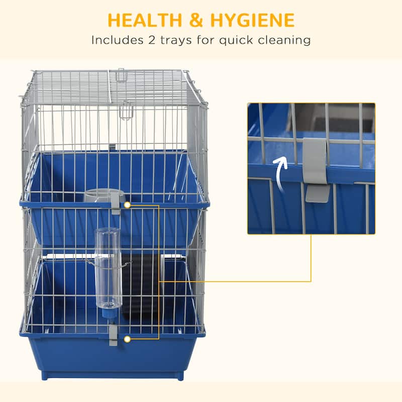 PawHut 2-Tier Guinea Pig Cage, Ferret Cage, Chinchilla Cage, Small Animal Cage Indoor with Dish and Bottle, 2 Doors