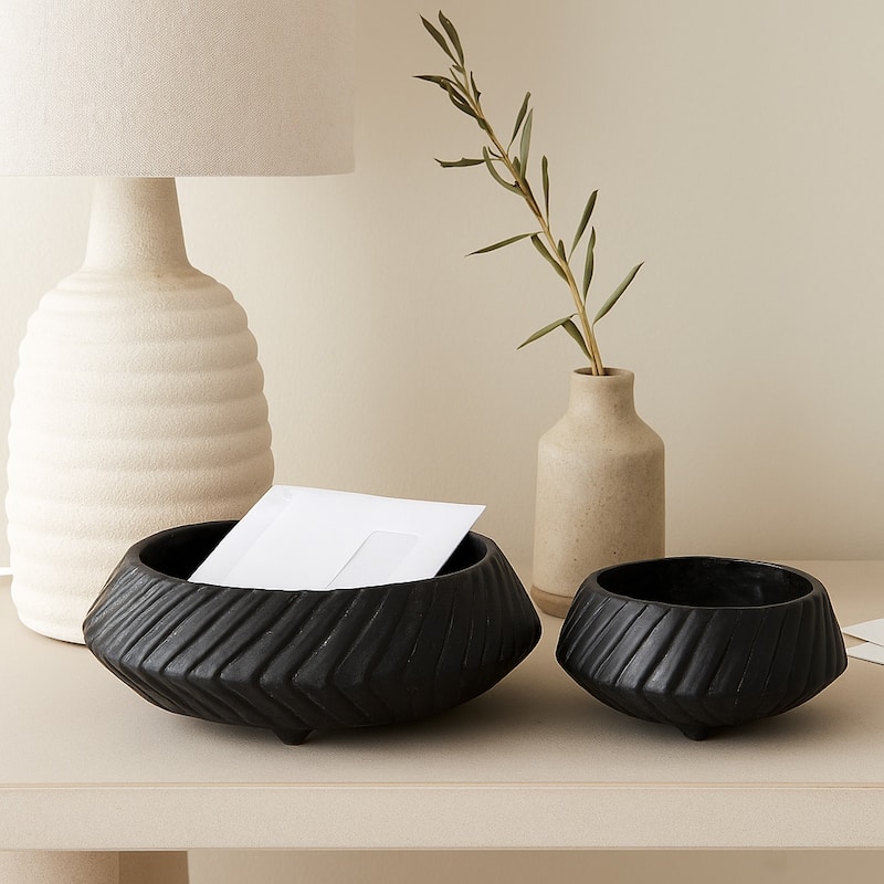 Pottery Tapered Footed Sculpted Textured Bowls-Set of 2-11",15" - 15.0" - Black