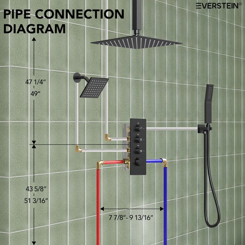 Dual Heads 16" Rainfall & High Pressure 6" Shower System w/ 3 Way Thermostatic Faucet 