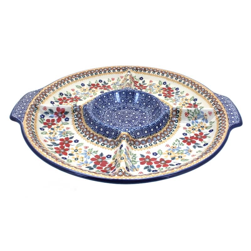Blue Rose Polish Pottery T138 Manufaktura Chip & Dip Plate - Red Daisy