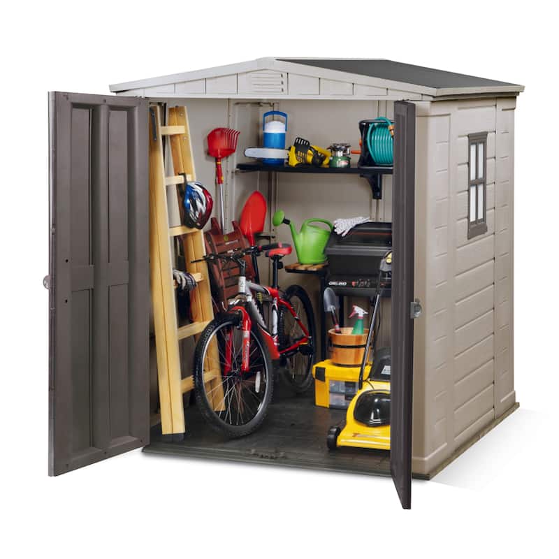 Keter Factor 6x6 ft. Resin Outdoor Storage Shed With Floor for Patio Furniture and Tools, Taupe Brown