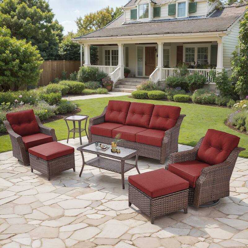 Gymojoy Wicker Patio Furniture Sofa Set, 6-Inch Ultra Thick Cushioned 360°Swivel Glider Chairs & Sofa Set