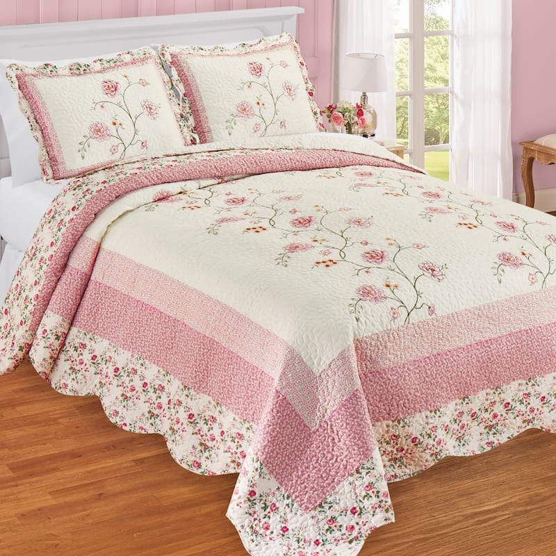 Floral Embroidered Scalloped Edge Quilted Bedspread