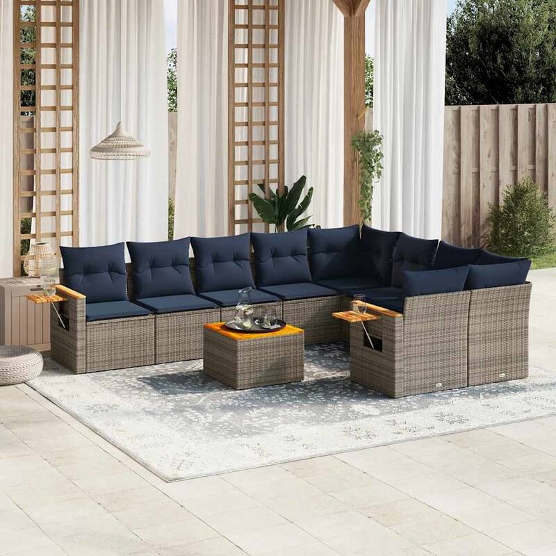 vidaXL 10 Piece Patio Sofa Set with Cushions Grey Poly Rattan (US only) - 122.8x33.5x79.5