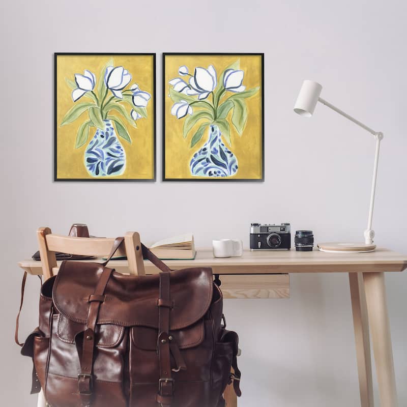 Stupell Tulip Vases on Yellow Framed Giclee Art Design By June Erica Vess (Set of 2)
