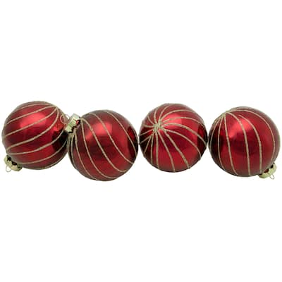 4ct Burgundy Red Gold Glitter Striped Glass Christmas Ornaments 3"