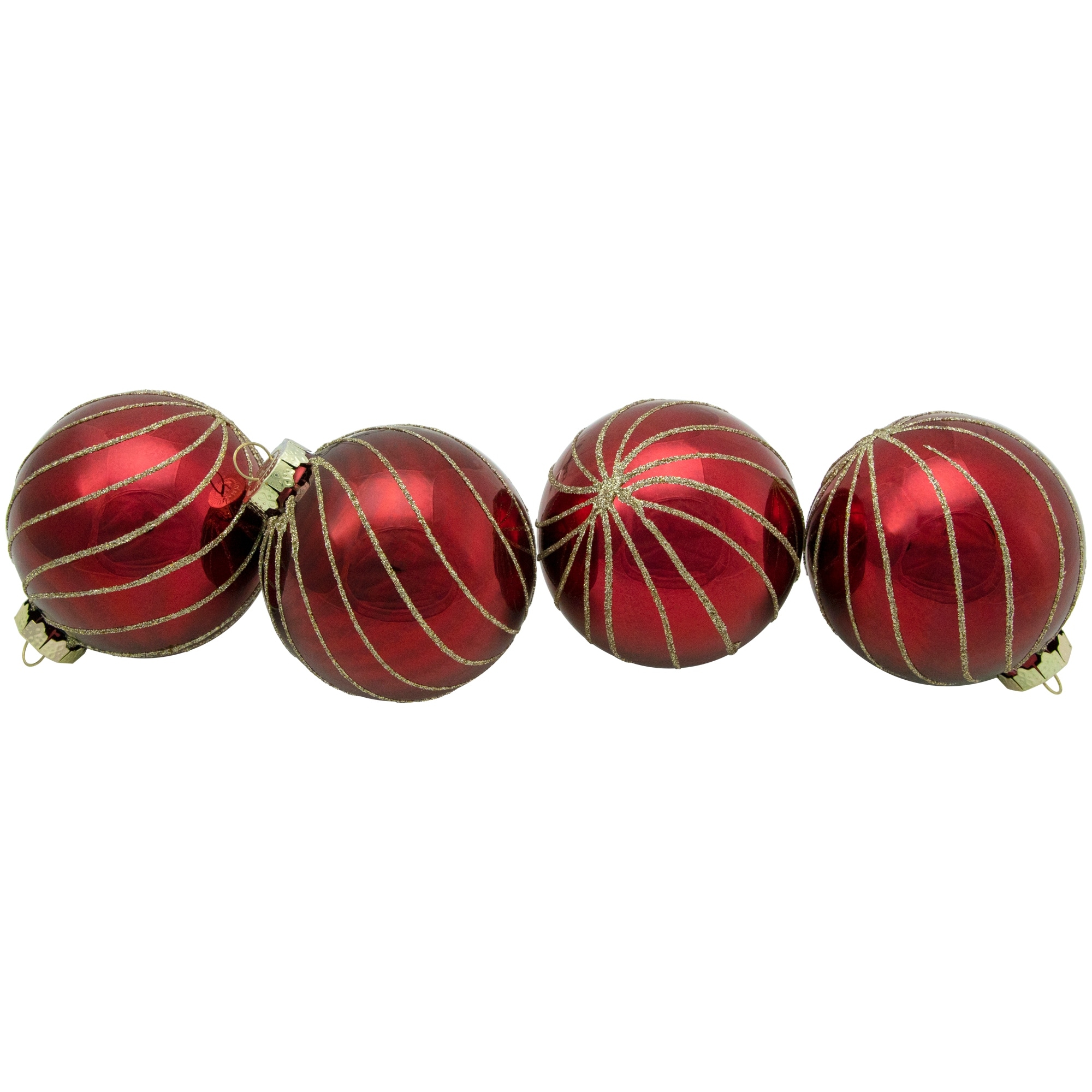 4ct Burgundy Red Gold Glitter Striped Glass Christmas Ornaments 3"