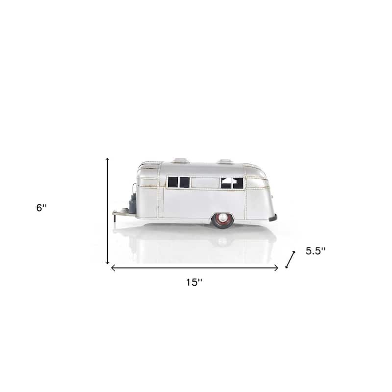 HomeRoots 6" Silver Metal Hand Painted Silver Camping Trailer Model Car - 15' X '6' X '5.5