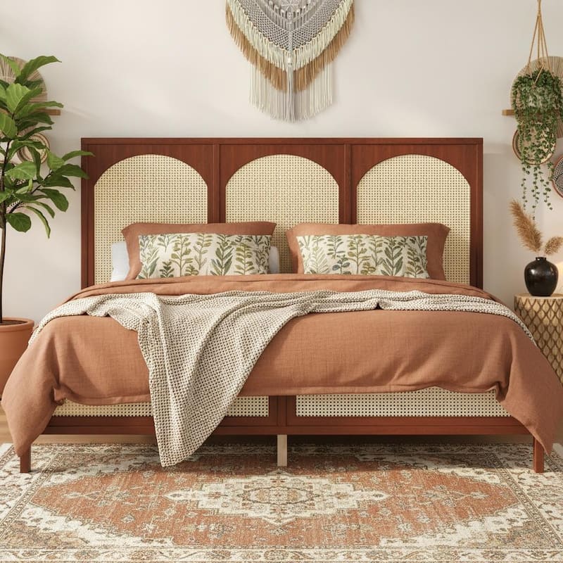 Rattan Inlay Wood Platform Bed by Harper&Bright Designs - Walnut - King