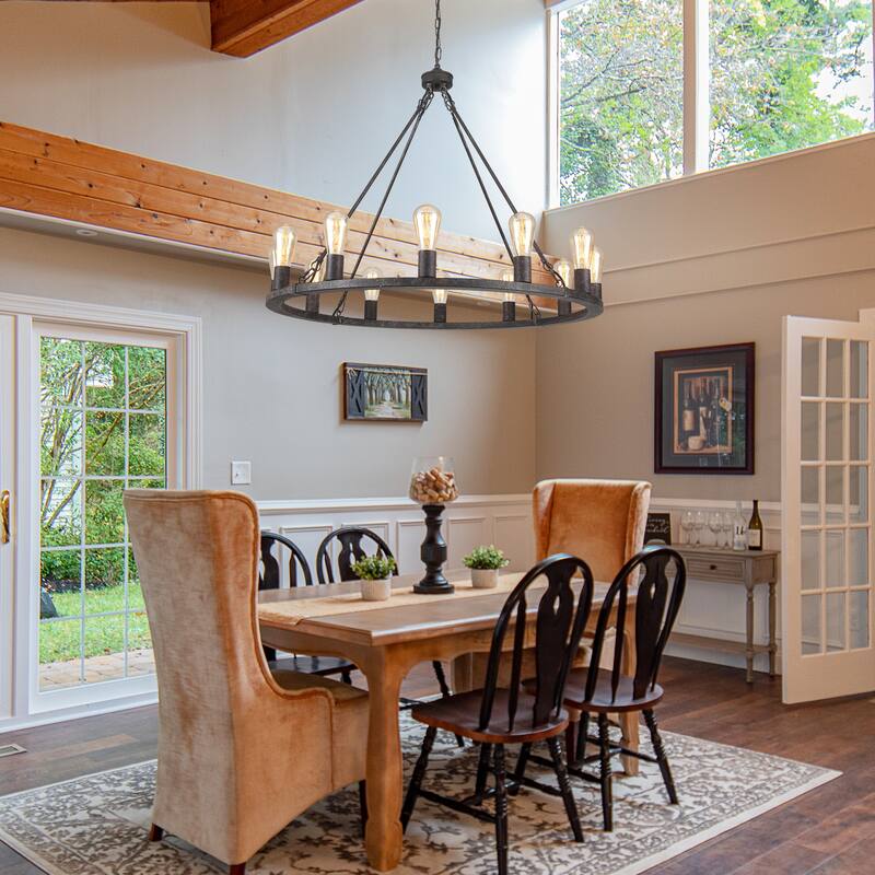12-Light Circel Candlestick Wagon Wheel Chandelier Hanging Linear Chandelier Lighting for Kitchen Island