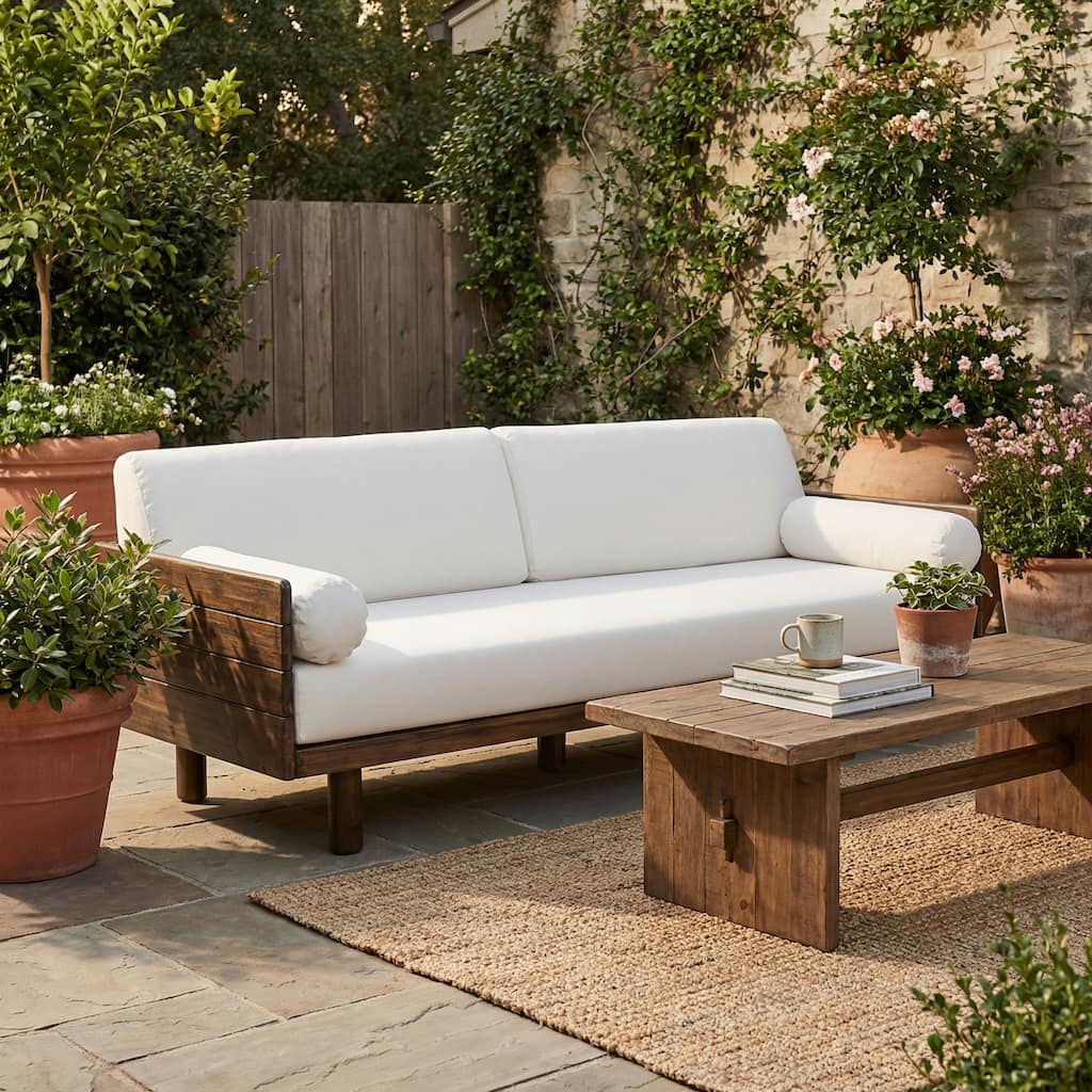 Christopher Knight Home - Mid-Century 3-Seater Acacia Wood Outdoor Patio Sofa with Water-Resistant Cushions and Bolster Pillows