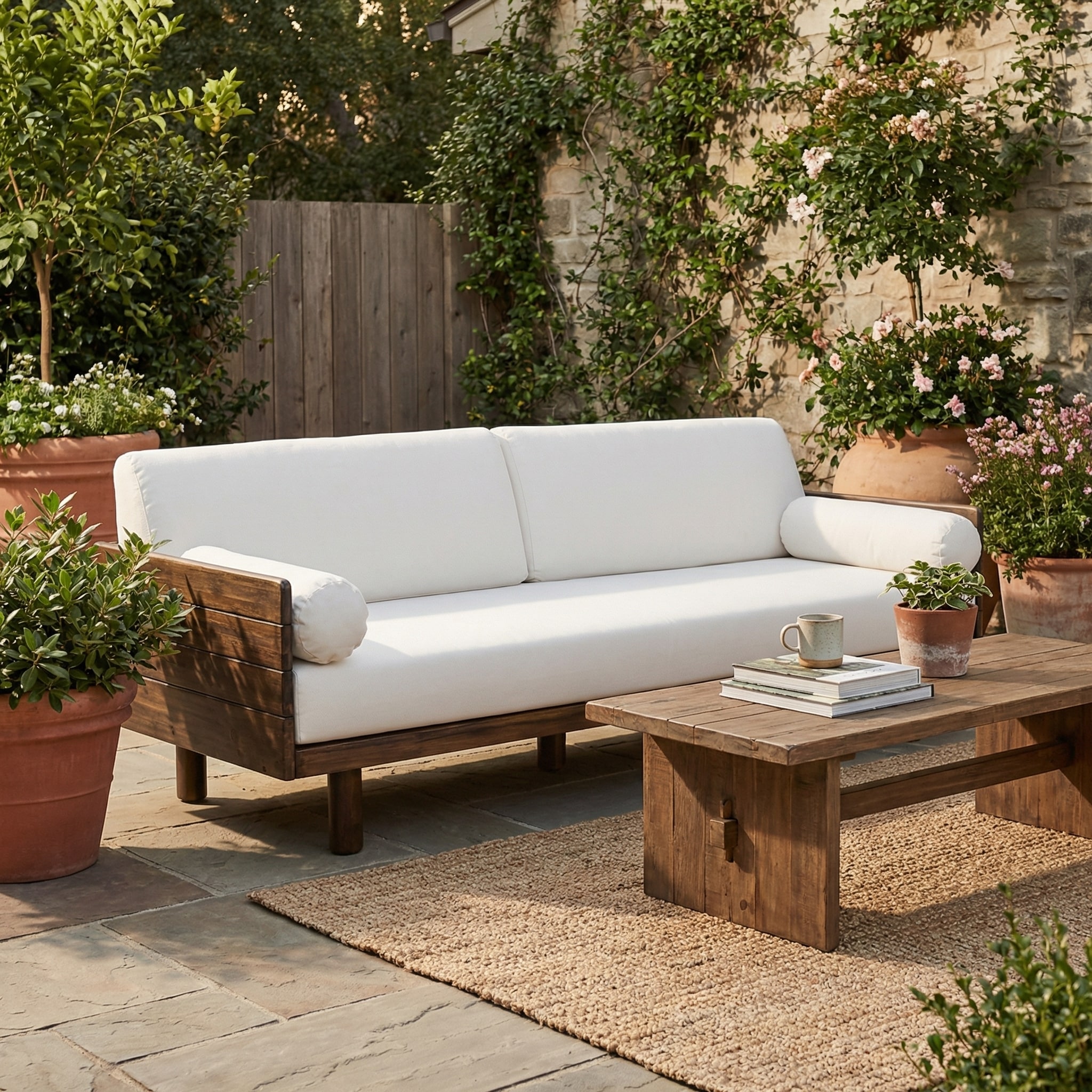Christopher Knight Home - Mid-Century Acacia Wood Outdoor 3-Seater Patio Sofa with Water-Resistant Cushions and Bolster Pillows