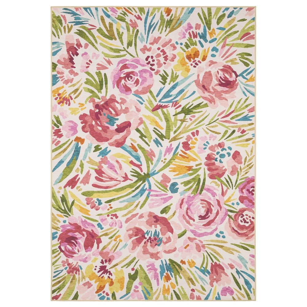Style Haven Flores Bouquet Beige/Pink Indoor-Outdoor Washable Rug