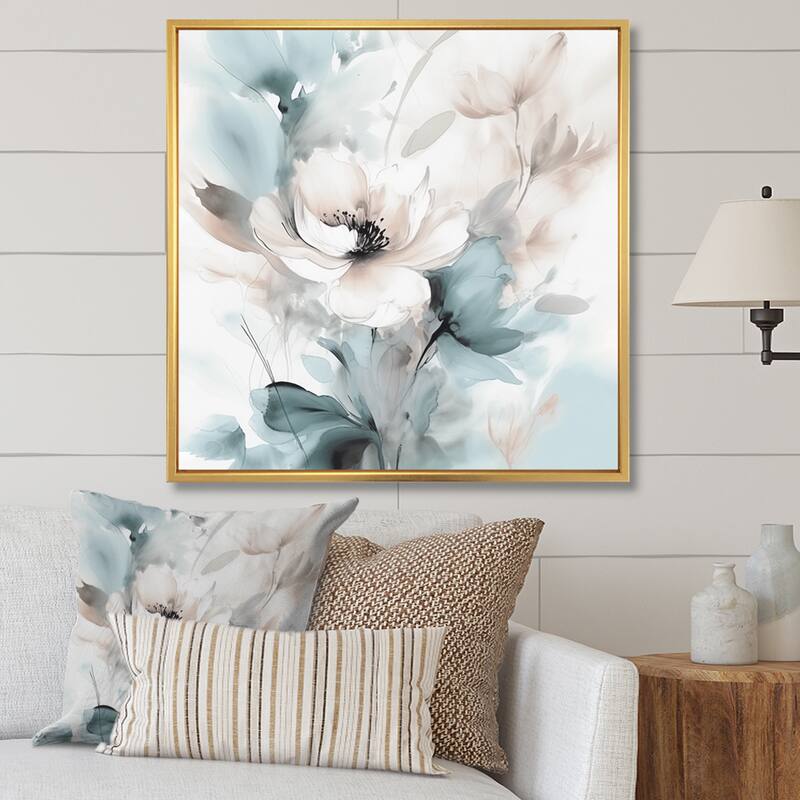 Designart "Delicate Grey Flowers I" Floral Framed Wall Art For Living Room - 16 in. wide x 16 in. high - Gold