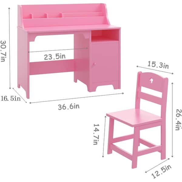 dimension image slide 0 of 2, Kids Desk and Chair Set, Wooden Children Study Table with Hutch