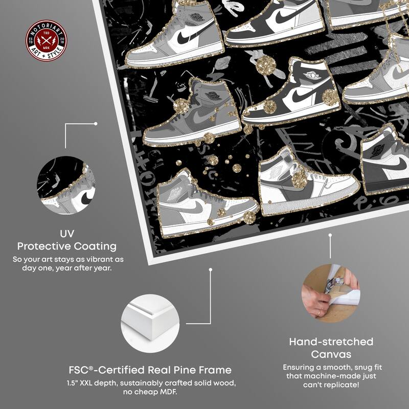 Notoriart Black And White Sneaker Collection Framed Sneaker 1 Piece Canvas Wall Art