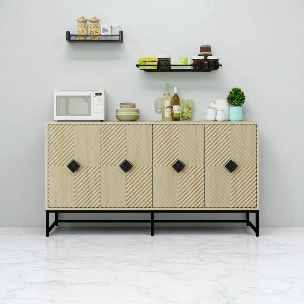 59" Modern 4-Door Sideboard Buffet Cabinet with Adjustable Shelves and Carved Doors for Kitchen or Entryway