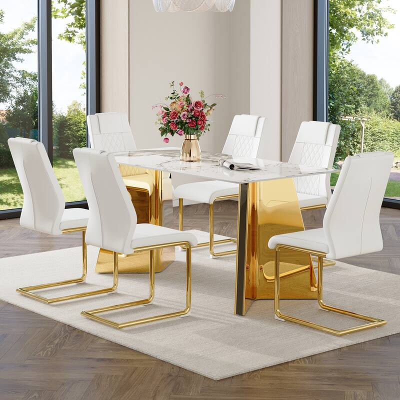 7-Piece Luxury Dining Table and Chair Set, Stone Tabletop Rectangular Table with Stainless Steel Butterfly Legs and 6 PU Chairs