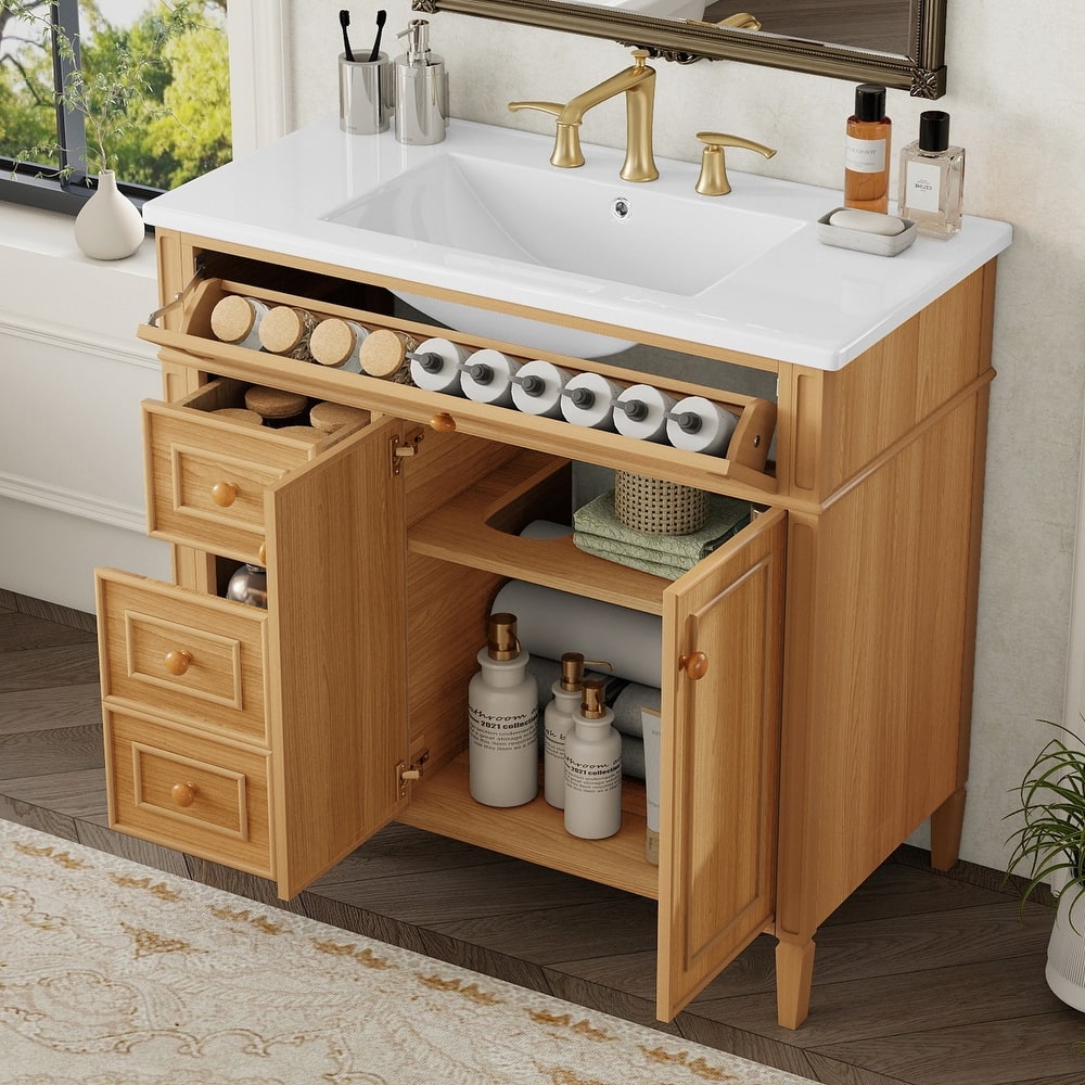 Sofucor 36 Inch Bathroom Vanity with Top,Ceramic Sink Basin,Cabinet with 4 Drawers and 2 Doors,Solid Wood Legs,Vintage Style