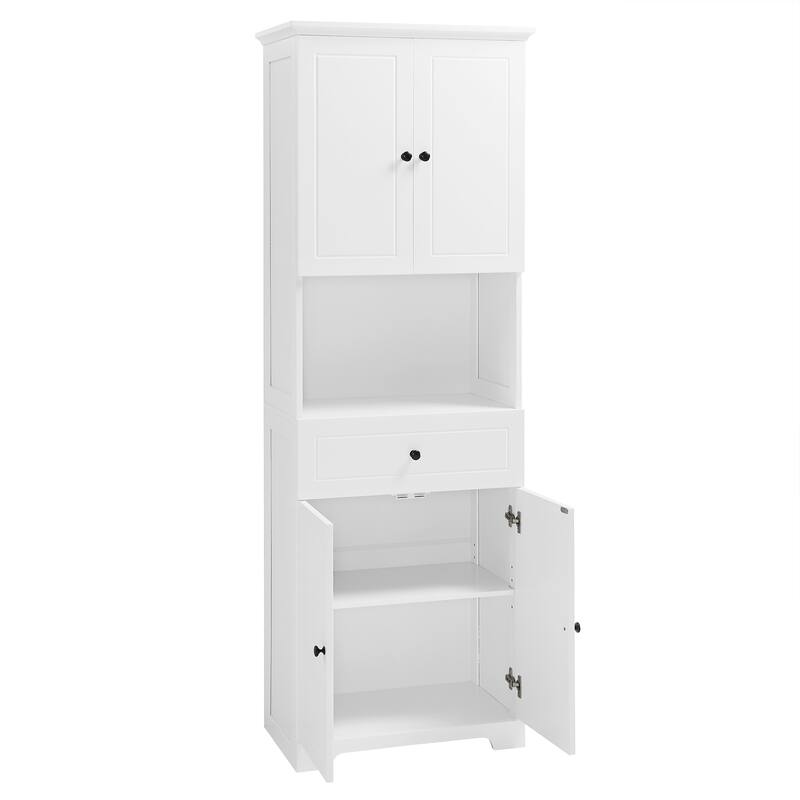 Storage cabinets with doors and open storage shelves
