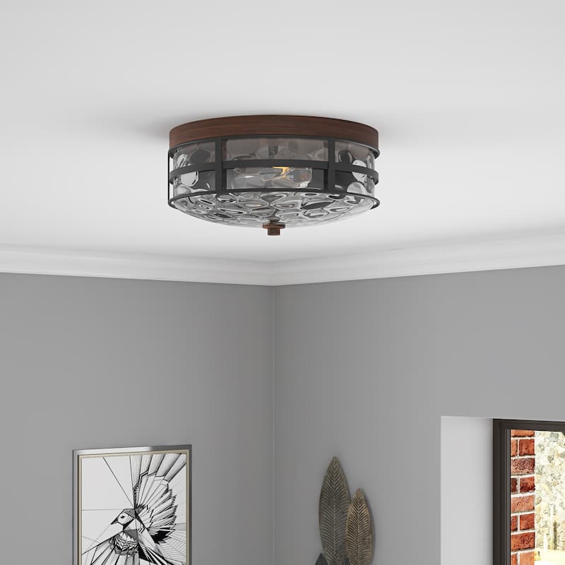 Vintage Black and Brown 2-Light Drum Flush Mount with Stone Ripple Glass