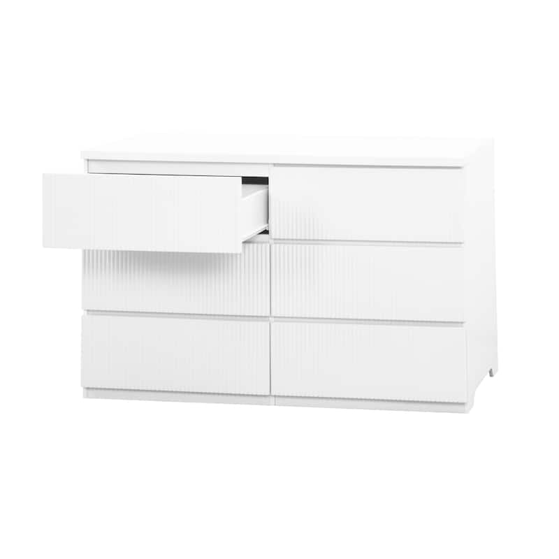 6 Drawer Storage Cabinet Dresser, Wood Storage Tower Clothes Organizer with Wavy Drawer Panel, Wide Chest of 6 Drawers
