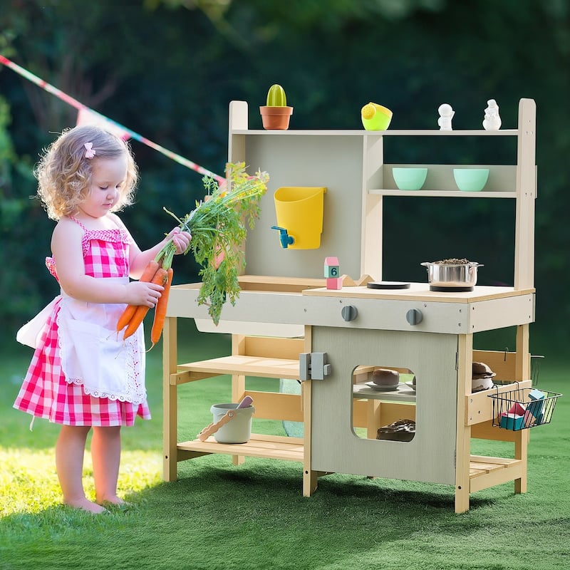 Natural-Green Cedar Wood Outdoor Mud Kitchen Playset with Accessories - 15” D x 35” W x 39” H