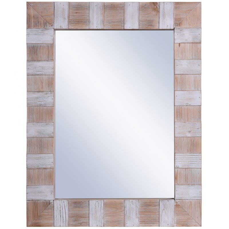 Rectangular Faux Wood Striped Mirror - Natural, White Wash Finish - Natural Wood and White Wash Wood