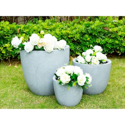 18", 14" and 10"W Round Slate Gray Lightweight Concrete/Fiberglass Indoor Outdoor Elegant Seamless Planters (Set of 3)