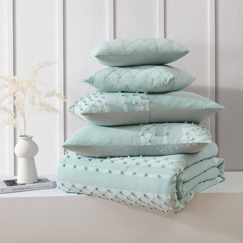Swift Home Layla Cotton Pom Pom Clipped Tufted Jacquard 5-Piece Bedding Comforter Set