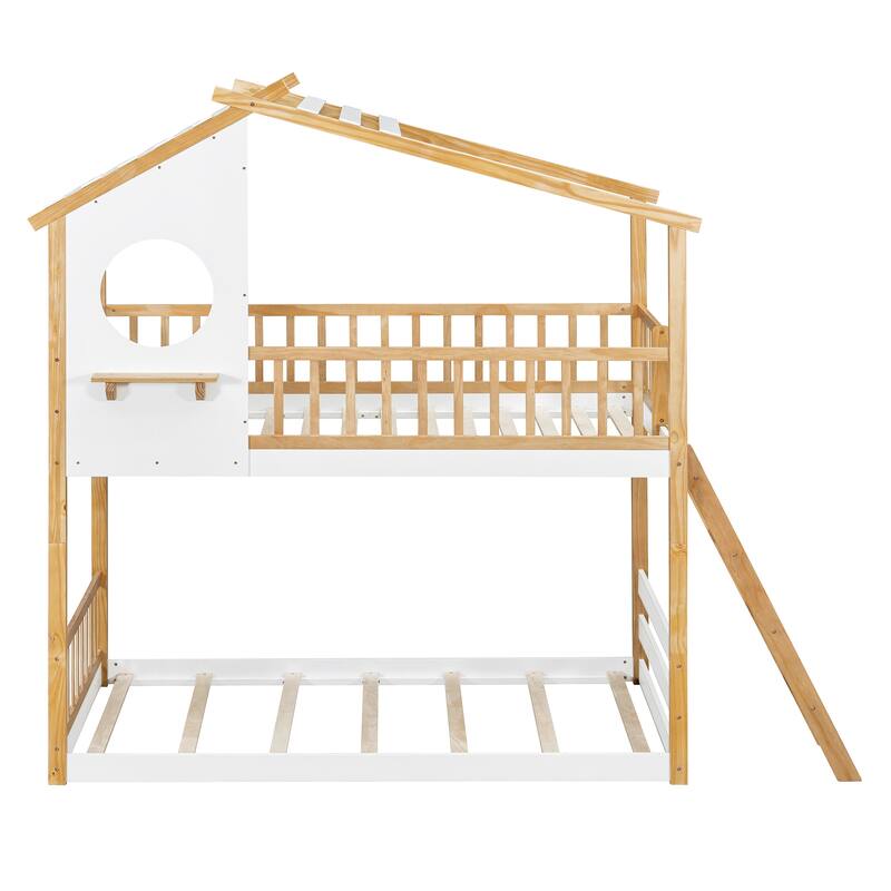 Twin Over Twin Wood Bunk Bed with Roof, Window, and Ladder