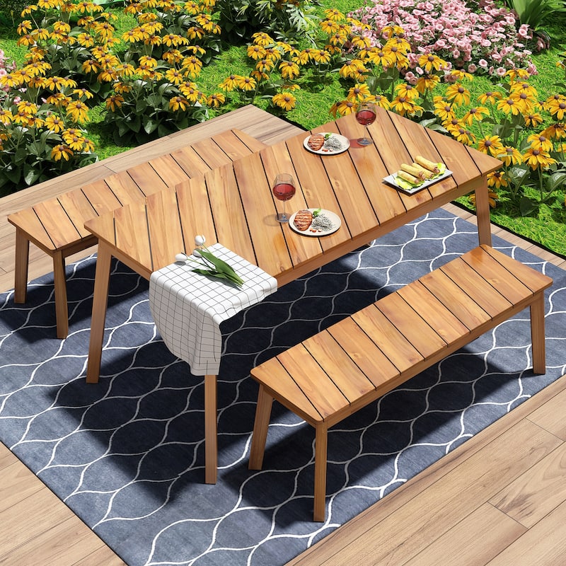 3-Piece Outdoor Solid Wood Table & Bench Set, Patio Furniture Set - NaturalWood