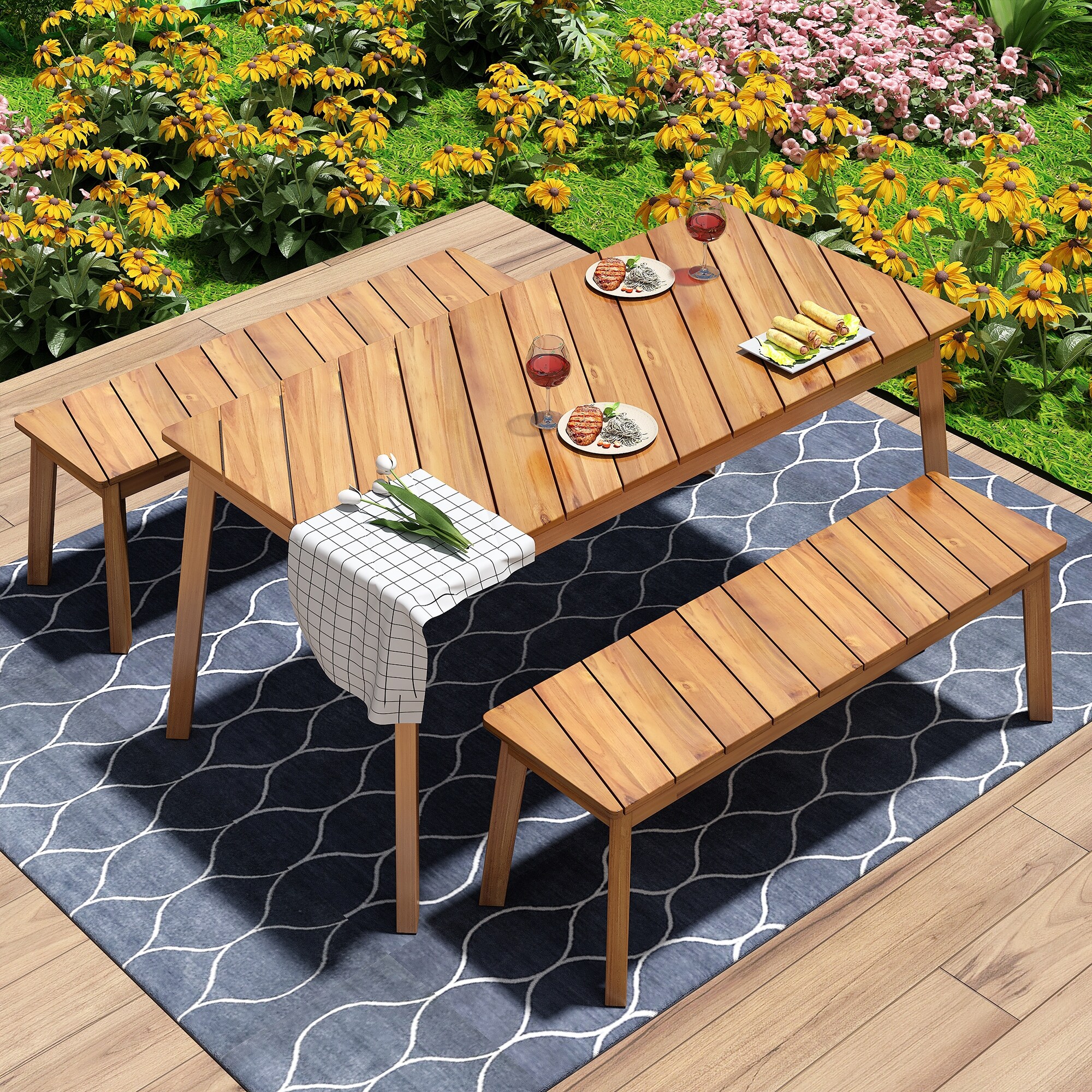 Garden wooden table and bench set discount