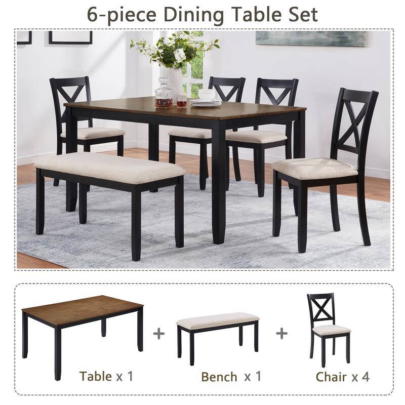 6-Piece Dining Table Set with Bench, Classic Wooden Dining Table Set for 6, Timeless Farmhouse 6-Person Dining Table Set