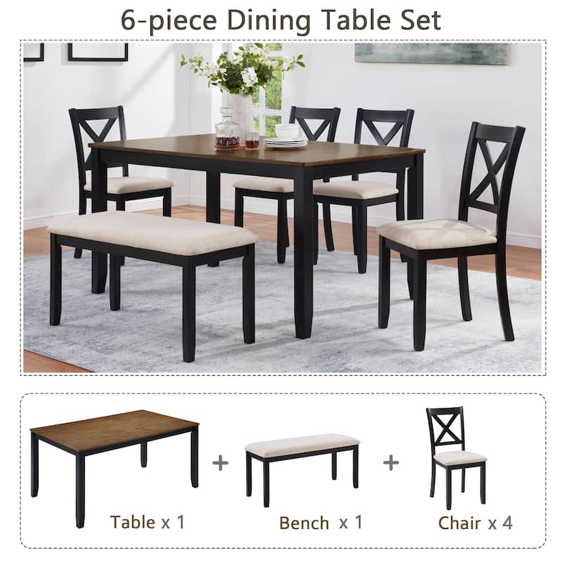 GDFStudio - Dalton 6-Piece Transitional Wooden Dining Table Set with 4 Upholstered X-Back Chairs and 1 Bench
