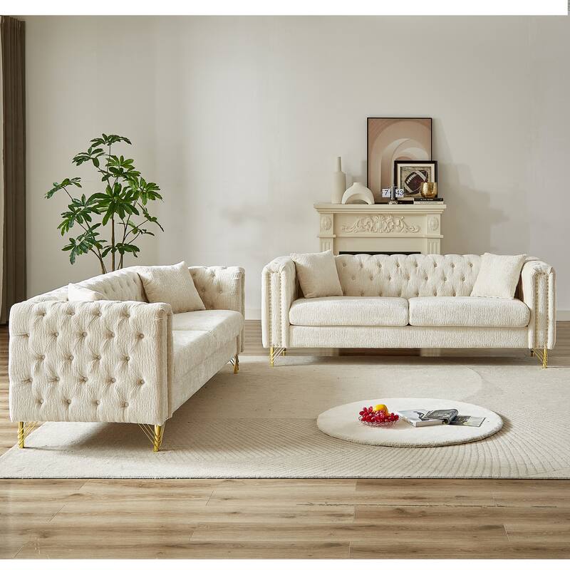 Chenille Chesterfield Sofa with Copper Nailhead Detail and Metal Legs, Button Tufted Couch for Living Room