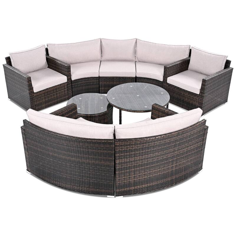 9-Piece Half-Moon Wicker Patio Sofa Set with Cushions and Two Round Coffee Tables
